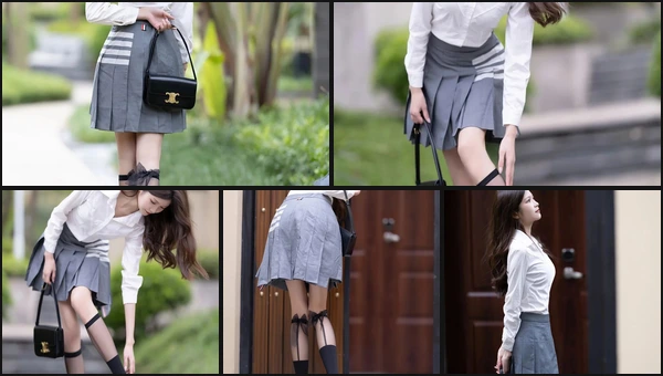 A photo series of a leggy girl in a stunning button-down shirt
