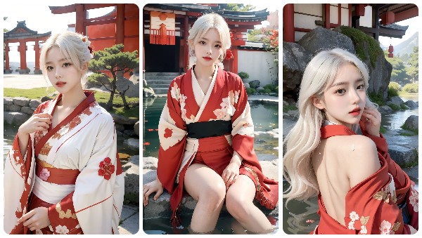 A beautiful AI model wearing a red kimono