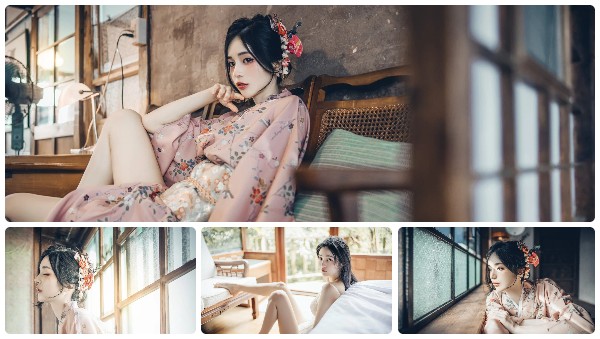 Mädchen im Kimono, das ihren extrem schönen Körper zeigt.
